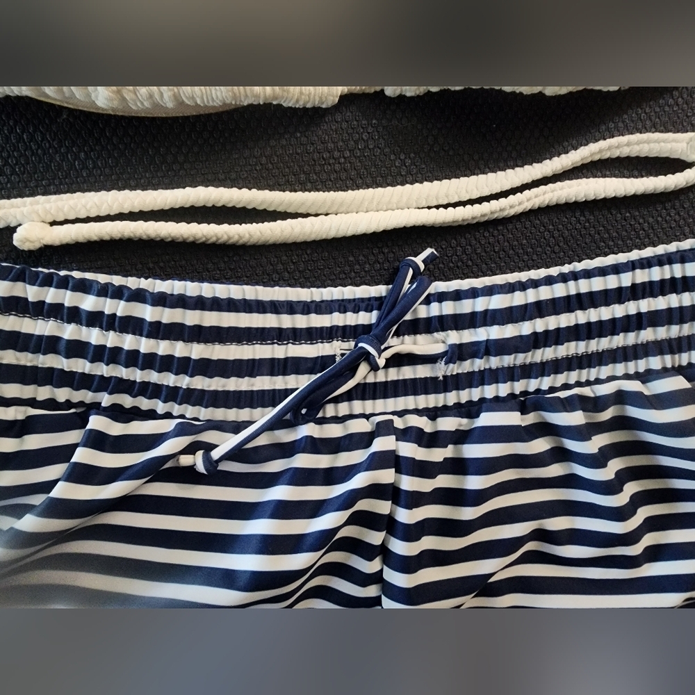 Like new White Bikini top & Navy and White Stripe Swim Shorts. Women's Small. - Picture 5 of 8